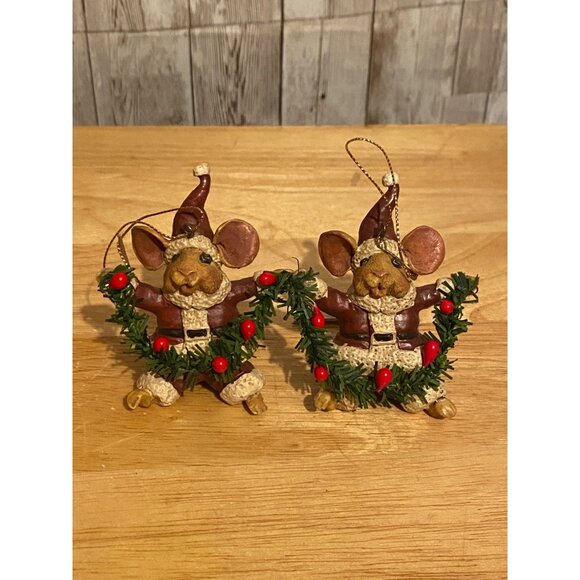 Set of 2 Vintage Kurt Adler Santa Mouse Christmas Tree Ornaments With Garland - Picture 1 of 8